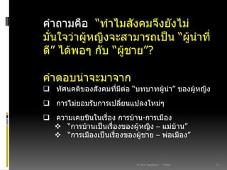 03/03/60ดร. สุธาดา เมฆรุ่งเรืองกุล 15
คาถามคือ “ทาไมสังคมจึงยังไม่
มั่นใจว่าผู้หญิงจะสามารถเป็น “ผู้นาที่
ดี” ได้พอๆ กับ “ผู้ชาย”?
คาตอบน่าจะมาจาก
 ทัศนคติของสังคมที่มีต่อ “บทบาทผู้นา” ของผู้หญิง
 การไม่ยอมรับการเปลี่ยนแปลงใหม่ๆ
 ความเคยชินในเรื่อง การบ้าน-การเมือง
 “การบ้านเป็นเรื่องของผู้หญิง – แม่บ้าน”
 “การเมืองเป็นเรื่องของผู้ชาย – พ่อเมือง”
 