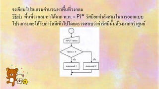 จงเขียนโปรแกรมคำนวณหำพื้นที่วงกลม
วิธีทำ พื้นที่วงกลมหำได้จำก พ.ท. = Pi* รัศมียกกำลังสองในกำรออกแบบ
โปรแกรมจะให้รับค่ำรัศมีเข้ำไปโดยตรวจสอบว่ำค่ำรัศมีนั้นต้องมำกกว่ำศูนย์
 