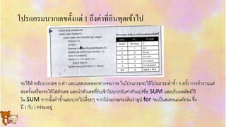 โปรแกรมบวกเลขตั้งแต่ 1 ถึงค่ำที่อินพุตเข้ำไป
จะใช้สำหรับบวกเลข 5 ค่ำ และแสดงผลออกทำงจอภำพ ในโปรแกรมจะให้โปรแกรมทำซ้ำ 5 ครั้ง กำรทำงำนแต่
ละครั้งเครื่องจะให้ใส่ตัวเลข และนำตัวเลขที่รับเข้ำไปบวกกับค่ำตัวแปรชื่อ SUM และเก็บผลลัพธ์ไว้
ใน SUM จำกนั้นทำซ้ำและบวกไปเรื่อยๆ จำกโปรแกรมจะเห็นว่ำลูป for จะเป็นสเตตเมนต์รวม ซึ่ง
มี { กับ } คร่อมอยู่
 