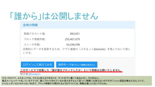 「誰から」は公開しません
そういうわけで、ぶろるっくでは、やろうと思えばできるけど、サイトの下に書いてあるように、やりません。
最近スパムツイートをしているアプリが、誰にブロックされているか見えますなんて言って（実際には見えないのですが）Twitter認証を集めようとしていて、
どんな人がいるか分からない状況で、ブロック情報が公開されるようなサイトには、情報は渡したくないですよね。
 