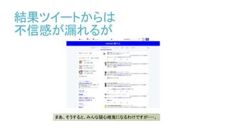 結果ツイートからは
不信感が漏れるが
まあ、そうすると、みんな疑心暗鬼になるわけですが・・・。
 