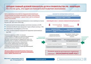 МЕРЫ ДЕНЕЖНЫХ ВЛАСТЕЙ ПО ПОДАВЛЕНИЮ ИНФЛЯЦИИ:
ПОДДЕРЖАНИЕ ВЫСОКОЙ КЛЮЧЕВОЙ СТАВКИ, СОКРАЩЕНИЕ
РАСХОДОВ НА ЭКОНОМИКУ – ДУШАТ РОСТ, НО НЕ УЛУЧШАЮТ
ЖИЗНЬ НАСЕЛЕНИЯ.
В 2016 г. инфляция составила минимальные за всю новейшую историю
России 5,4%. При этом в 2016 году:
реальные располагаемые доходы населения снизились на 5,8%
платежеспособный спрос продолжил падать (оборот розницы –5%)
увеличилось число бедных до 20,3 млн
износ основных фондов предприятий продолжил увеличиваться
(до 50%)
Снижение инфляции в 2016 г. не связано
с политикой ЦБ и Минфина по ограничению денежного
спроса, а только со стабилизацией курса рубля.
При этом главным ресурсом поддержания курса стал
растущий спрос со стороны спекулятивных инвесторов
(carry trade), который активно и практически
искусственно, удержанием ключевой ставки,
поддерживается Центробанком. Это приводит
к выводу из России ресурсов и грозит дестабилизацией
финансовой системы страны.
ОграничениеМ2
(увеличениеставки)
Стимулирование
предложения
(снижение
ставки)
Инфляция в 2015 г. (+12%):
ИНФЛЯЦИЯ В 2015 Г. НОСИЛА НЕМОНЕТАРНЫЙ ХАРАКТЕР
Платежеспособный
спрос упал
Издержки
значительно выросли
Инфляция СПРОСА
(монетарная – demand-pull inflation)
– 6–8%
Инфляция ИЗДЕРЖЕК
(немонетарная – cost-push inflation)
+15–20%
Сокращение доходов
и сбережений населения
Курс (импорт товаров, сырья,
комплектующих, займы
ввалюте)
Сокращение инвестиционных
расходов
Рост стоимости кредитных средств
Рост тарифовмонополий
Сокращение расходов бюджета Монополизациярынков
Сокращение объема кредитования Вклад контрсанкций
Основное средство долгосрочного подавления
инфляции – ЭКОНОМИЧЕСКИЙ РОСТ
«Об оценке эффектов монетарной политики в России: роль
изменений режимов политики и пространства наблюдаемых
шоков», ЦМАКП, Приложение №3
АБСОЛЮТНО НЕЭФФЕКТИВНО БОРОТЬСЯ
С НЕМОНЕТАРНОЙ ИНФЛЯЦИЕЙ МОНЕТАРНЫМИ МЕТОДАМИ
9
СЕГОДНЯ ГЛАВНЫЙ ЦЕЛЕВОЙ ПОКАЗАТЕЛЬ ЦБ РФ И ПРАВИТЕЛЬСТВА РФ – ИНФЛЯЦИЯ.
НО ЭТО НЕ ЦЕЛЬ, ЭТО ОДИН ИЗ ПОКАЗАТЕЛЕЙ РАЗВИТИЯ ЭКОНОМИКИ.
 