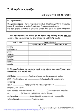53
7. Η παράσταση αρχίζει
Μια περιπέτεια για το Ρωμαίο
1. Να συμπληρώσεις τον πίνακα με τα ρήματα της πρώτης στήλης στο ίδιο
πρόσωπο του παρακειμένου της ενεργητικής και παθητικής φωνής.
ΠΑΡΑΚΕΙΜΕΝΟΣΕΝΕΣΤΩΤΑΣ
ΕΝΕΡΓΗΤΙΚΗ ΦΩΝΗ ΠΑΘΗΤΙΚΗ ΦΩΝΗ
ποτίζω
σχεδιάζουμε
μιλάς
τρέχουν
γράφετε
διπλώνει
αγαπώ
μαγεύω
2. Να συμπληρώσεις τα παρακάτω κενά με τα ρήματα των παρενθέσεων στον
παρακείμενο, στο σωστό τύπο.
α) Ο δρόμος ………………………… (κλείνω) εξαιτίας των έργων φυσικού αερίου.
β) Οι ρυθμοί της ζωής μας ………………………… (αυξάνομαι) πολύ τις τελευταίες
δεκαετίες.
γ) ∆εν ………………………… (γράφω) καλά στο διαγώνισμα γιατί δεν …………………………
(διαβάζω) όσο έπρεπε.
δ) Ας φύγουμε τώρα γιατί πρέπει να ………………………… (επιστρέφω) πριν βραδιάσει.
ε) ………………………… (φέρνω) τις πληροφορίες που σας ζήτησα;
στ) Αν και δεν ………………………… (περνώ) πολύς καιρός από τότε που σε είδα
τελευταία φορά, ………………………… (ψηλώνω) πολύ.
Ο Παρακείμενος
Ο παρακείμενος μας δείχνει ότι μια ενέργεια έχει ήδη ολοκληρωθεί τη στιγμή που
μιλάμε. Σχηματίζεται με το βοηθητικό ρήμα έχω και το απαρέμφατο.
π.χ. έχω γράψει, έχεις παίξει, έχει φάει, έχουμε πάει, έχετε δει, έχουν υποσχεθεί
΄Εκδοση των Εκπαιδευτηρίων «Ο ΑΠΟΣΤΟΛΟΣ ΠΑΥΛΟΣ»
Επιμέλεια επανάληψης: Χρήστος Χαρμπής http://xristx.blogspot.gr σελ.13
 