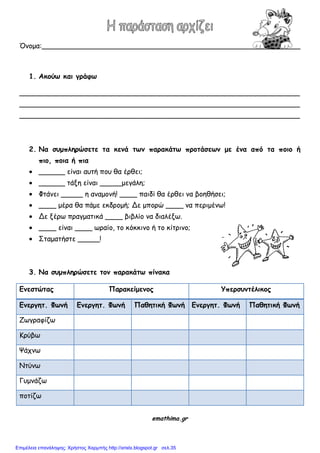 Όκμμα:___________________________________________________________
1. Ακξύτ και γοάθτ
________________________________________________________________
________________________________________________________________
________________________________________________________________
2. Να ζρμπληοώζεηε ηα κεμά ητμ παοακάητ ποξηάζετμ με έμα από ηα πξιξ ή
πιξ, πξια ή πια
______ είκαη αοηή πμο ζα ένζεη;
______ ηάλε είκαη _____μεγάιε;
Φηάκεη _____ ε ακαμμκή! ____ παηδί ζα ένζεη κα βμεζήζεη;
____ μένα ζα πάμε εθδνμμή; Δε μπμνώ ____ κα πενημέκω!
Δε λένω πναγμαηηθά ____ βηβιίμ κα δηαιέλω.
____ είκαη ____ ωναίμ, ημ θόθθηκμ ή ημ θίηνηκμ;
Σηαμαηήζηε _____!
3. Να ζρμπληοώζεηε ηξμ παοακάητ πίμακα
Εμεζηώηαπ Παοακείμεμξπ Υπεοζρμηέλικξπ
Εμεογηη. Φτμή Εμεογηη. Φτμή Παθηηική Φτμή Εμεογηη. Φτμή Παθηηική Φτμή
Ζωγναθίδω
Κνύβω
Ψάπκω
Νηύκω
Γομκάδω
πμηίδω
emathima.gr
Επιμέλεια επανάληψης: Χρήστος Χαρμπής http://xristx.blogspot.gr σελ.35
 