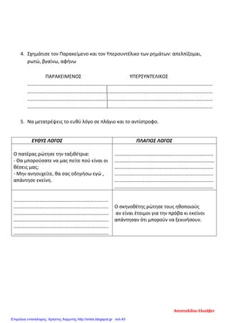 4. Σχημάτισε τον Παρακείμενο και τον Υπερσυντέλικο των ρημάτων: απελπίζομαι,
ρωτώ, βγαίνω, αφήνω
ΠΑΡΑΚΕΙΜΕΝΟΣ ΥΠΕΡΣΥΝΤΕΛΙΚΟΣ
……………………………………………………………………………………………………………………………………
……………………………………………………………………………………………………………………………………
……………………………………………………………………………………………………………………………………
……………………………………………………………………………………………………………………………………
5. Να μετατρέψεις το ευθύ λόγο σε πλάγιο και το αντίστροφο.
ΕΥΘΥΣ ΛΟΓΟΣ ΠΛΑΓΙΟΣ ΛΟΓΟΣ
Ο πατέρας ρώτησε την ταξιθέτρια:
- Θα μπορούσατε να μας πείτε πού είναι οι
θέσεις μας;
- Μην ανησυχείτε, θα σας οδηγήσω εγώ ,
απάντησε εκείνη.
………………………………………................................
………………………………………………………………………
……………………………………………………………………..
……………………………………………………………………..
……………………………………………………………………..
……………………………………………………………………..
……………………………………….............................
…………………………………………………………………..
…………………………………………………………………..
…………………………………………………………………..
…………………………………………………………………..
…………………………………………………………………..
Ο σκηνοθέτης ρώτησε τους ηθοποιούς
αν είναι έτοιμοι για την πρόβα κι εκείνοι
απάντησαν ότι μπορούν να ξεκινήσουν.
Αποστολίδου Ελισάβετ
Επιμέλεια επανάληψης: Χρήστος Χαρμπής http://xristx.blogspot.gr σελ.43
 