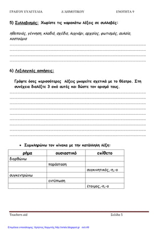 ΓΡΑΙΓΟΥ ΕΥΑΓΓΕΛΙΑ Δ΄ΔΗΜΟΤΙΚΟΥ ΕΝΟΤΗΤΑ 9
Teachers aid Σελίδα 5
5) Σρλλαβιζμόπ: Χτοίζηε ηιπ παοακάητ λένειπ ζε ζρλλαβέπ:
εζμπμηόξ, γέκκεζε, θιαδηά, ζπέδηα, ιοπκάνη, ανπαίμξ, θςηηζμόξ, αοιαία,
θμζημύμηα
……………………………………………………………………………………………………………………………………………
……………………………………………………………………………………………………………………………………………
……………………………………………………………………………………………………………………………………………
……………………………………………………………………………………………………………………………………………
6) Λενιλξγικέπ αζκήζειπ:
Γοάσηε όζεπ πεοιζζόηεοεπ λένειπ μπξοείηε ζςεηικά με ηξ θέαηοξ. Σηη
ζρμέςεια διαλένηε 3 από αρηέπ και δώζηε ηξμ ξοιζμό ηξρπ.
……………………………………………………………………………………………………………………………………………
……………………………………………………………………………………………………………………………………………
……………………………………………………………………………………………………………………………………………
……………………………………………………………………………………………………………………………………………
……………………………………………………………………………………………………………………………………………
……………………………………………………………………………………………………………………………………………
……………………………………………………………………………………………………………………………………………
……………………………………………………………………………………………………………………………………………
……………………………………………………………………………………………………………………………………………
 Σρμπληοώμτ ηξμ πίμακα με ηημ καηάλληλη λένη:
οήμα ξρζιαζηικό επίθεηξ
δημνζώκς
πανάζηαζε
ζογθηκεηηθόξ,-ε,-μ
ζογθεκηνώκς
εκηύπςζε
έημημμξ,-ε,-μ
Επιμέλεια επανάληψης: Χρήστος Χαρμπής http://xristx.blogspot.gr σελ.49
 