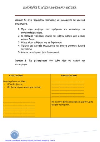 ΕΝΟΤΗΤΑ 9: Η ΠΑΡΑΣΤΑΣΗ ΑΡΧΙΖΕΙ..
3
Άσκηση 5: Στις παρακάτω προτάσεις να κυκλώσετε τα χρονικά
επιρρήματα.
1. Πριν λίγο μιλήσαμε στο τηλέφωνο και κανονίσαμε να
συναντηθούμε αύριο.
2. Ο πατέρας ταξιδεύει συχνά και κάπου κάπου μας φέρνει
κάποιο δώρο.
3. Φέτος είμαι μαθήτρια της Δ’ δημοτικού.
4. Πρώτα μας κοίταξε θυμωμένος και έπειτα χτύπησε δυνατά
την πόρτα.
5. Κάποτε τα πράγματα ήταν διαφορετικά.
Άσκηση 6: Να μετατρέψετε τον ευθύ λόγο σε πλάγιο και
αντίστροφα.
ΕΥΘΥΣ ΛΟΓΟΣ ΠΛΑΓΙΟΣ ΛΟΓΟΣ
Η Μαρία ρώτησε το Νίκο:
- Πότε θα φύγεις;
- Θα φύγω αύριο, απάντησε εκείνος
………………………………………..............
……………………………………………………
……………………………………………………
……………………………………………………
……………………………………………………
……………………………………………………..
………………………………………................
……………………………………………………..
……………………………………………………..
……………………………………………………..
……………………………………………………..
……………………………………………………..
Να είμαστε φρόνιμοι μέχρι να γυρίσει, μας
ζήτησε ο μπαμπάς.
Επιμέλεια επανάληψης: Χρήστος Χαρμπής http://xristx.blogspot.gr σελ.57
 