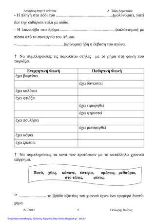 Ασκήσεις στην 9 ενότητα Δ΄ Τάξη Δημοτικού
8/3/2012 5 Θοδωρής Βούγας
- Η πληγή στο πόδι του ......................................................(μολύνομαι), γιατί
δεν την καθάρισε καλά με ιώδιο.
- Η λακκούβα στο δρόμο......................................................(καλύπτομαι) με
πίσσα από τα συνεργεία του Δήμου.
- .............................................(κρίνομαι) ήδη η έκβαση του αγώνα.
† Να συμπληρώσεις τις παρακάτω στήλες με το ρήμα στη φωνή που
ταιριάζει.
Ενεργητική Φωνή Παθητική Φωνή
έχει βαφτίσει
έχει δανειστεί
έχει καλύψει
έχει φτιάξει
έχει τιμωρηθεί
έχει ψηφιστεί
έχει πουλήσει
έχει μεταφερθεί
έχει κόψει
έχει ζαλίσει
† Να συμπληρώσεις τα κενά των προτάσεων με το κατάλληλο χρονικό
επίρρημα.
º .......................... το βράδυ εξαιτίας του χιονιού έγινε ένα τρομερό δυστύ-
χημα.
Ξανά, χθες, κάποτε, ύστερα, αμέσως, μεθαύριο,
στο τέλος, φέτος.
Επιμέλεια επανάληψης: Χρήστος Χαρμπής http://xristx.blogspot.gr σελ.61
 