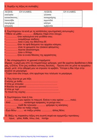 xristx.blogspot.gr Χρήστος Χαρμπής
5. Χωρίζω τις λέξεις σε συλλαβές:
ΛΕΞΕΙΣ ΣΥΛΛΑΒΕΣ ΛΕΞΕΙΣ ΣΥΛΛΑΒΕΣ
εκκλησία γλώσσα
κατακόκκινος καταρράχτης
λακκούβα αµµουδιά
σφυρίχτρα κάστρο
αστραπή αµβροσία
6. Συµπληρώνω τα κενά µε τις κατάλληλες ερωτηµατικές αντωνυµίες:
• Ήθελε να µάθει ................. βαθµούς πήρα στον έλεγχο.
• ................. ήταν καλεσµένοι στα γενέθλιο σου;
• .................. ονοµάζουµε αοιδούς;
• .................. ήταν ο γιος του Φίλιππου Β';
• ................. ήταν τα εφτά θαύµατα του αρχαίου κόσµου;
• .................. είναι τα χρώµατα του ηλιακού φάσµατος;
• .................. λέγεται οικοσύστηµα;
• .................. ήταν ο Χίτλερ;
• ................. ήταν οι εννέα Μούσες της αρχαιότητας
7. Να υπογραµµίσετε τα χρονικά επιρρήµατα:
Σήµερα η µαµά µας είπε να ετοιµαστούµε γρήγορα, γιατί θα ερχόταν βραδιάτικα η θεία
µας, η Ελένη. Έτσι µας ανέθεσε κάποιες δουλειές. Πρώτα είπε σε µένα να αγοράσω
γλυκά, µετά στην αδερφή µου να στρώσει τα κρεβάτι. Ύστερα η ίδια πήγε στην
κουζίνα να µαγειρέψει.
- Τώρα είναι όλα έτοιµα, είπε αργότερα που τελείωσε το µαγείρεµα.
8. Πώς λέγεται µε µια λέξη
Ο κήπος µε άνθη:……………………………………….
Η πίτα µε σπανάκι: …………………………………….
Η θύελλα του χιονιού: …………………………………..
Η πίτα µε τυρί: …………………………………………...
Το πουλί της νύχτας:………………………………………
9. Συµπληρώνω ποιο ή πιο.
- .......... πολύ µου αρέσει το παγωτό. Εσένα τι σου αρέσει ..........πολύ;
- Από .................... κατάστηµα αγόρασες τα ρούχα σου;
- .................. παιδί θα τελειώσει ............. γρήγορα τις ασκήσεις;
- ................ θέλει να παίξει ντάµα;
- Εγώ θέλω .......... να παίξω µπάλα. ................ άλλος θέλει;
10. Βάζω τις παρακάτω λέξεις στη σωστή σειρά και σχηµατίζω προτάσεις:
πρωί, γάλα, Κάθε, πίνω, ένα, ποτήρι
_____________________________________________
Επιμέλεια επανάληψης: Χρήστος Χαρμπής http://xristx.blogspot.gr σελ.69
 