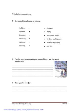 Επιμέλεια: Θανάσης Πρέντζας Σελίδα 5
Γ. Ξεκλειδώνω το κείμενο
7. Αντιστοιχίζω πρόσωπα με ρόλους:
Κυδώνης •
Ροκάνης •
Στημόνης •
Φυσούνης •
Καζάνης •
Βελόνης •
• Πύραμος
• Θίσβη
• Μητέρα της Θίσβης
• Πατέρας του Πύραμου
• Πατέρας της Θίσβης
• Λιοντάρι
8. Γιατί οι μαστόροι αποφάσισαν να ανεβάσουν μια θεατρική
παράσταση;
......................................................................................................
......................................................................................................
......................................................................................................
......................................................................................................
......................................................................................................
......................................................................................................
9. Ποιο έργο θα έπαιζαν;
.........................................................................................................................................
.........................................................................................................................................
.........................................................................................................................................
Επιμέλεια επανάληψης: Χρήστος Χαρμπής http://xristx.blogspot.gr σελ.87
 