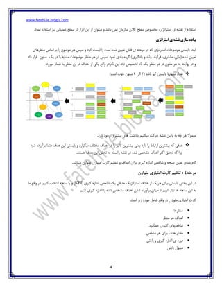 www.fatehi-ie.blogfa.com
4
‫ی‬ ‫نقشه‬ ‫از‬ ‫استفاده‬‫نمود‬ ‫استفاده‬ ‫نیز‬ ‫عملیاتی‬ ‫سطح‬ ‫در‬ ‫ابزار‬ ‫این‬ ‫از‬ ‫میتوان‬ ‫و‬ ‫باشد‬ ‫نمی‬ ‫سازمان‬ ‫کالن‬ ‫سطح‬ ‫مخصوص‬ ،‫استراتژی‬.
‫استراتژی‬ ‫ی‬ ‫نقشه‬ ‫سازی‬ ‫پیاده‬
‫منظرهای‬ ‫اساس‬ ‫بر‬ ‫را‬ ‫موضوع‬ ‫هر‬ ‫سپس‬ ‫و‬ ‫کرد‬ ‫لیست‬ ‫را‬ ‫است‬ ‫شده‬ ‫تعیین‬ ‫قبلی‬ ‫ی‬ ‫مرحله‬ ‫در‬ ‫که‬ ‫استراتژی‬ ‫موضوعات‬ ‫بایستی‬ ‫ابتدا‬
،‫مشتری‬ ،‫(مالی‬ ‫شده‬ ‫تعیین‬‫داد‬ ‫قرار‬ ‫ستون‬ ‫یک‬ ‫در‬ ‫را‬ ‫مشابه‬ ‫موضوعات‬ ‫منظر‬ ‫هر‬ ‫در‬ ‫سپس‬ .‫نمود‬ ‫بندی‬ ‫گروه‬ )‫یادگیری‬ ‫و‬ ‫رشد‬ ،‫فرآیند‬
.‫میرود‬ ‫شمار‬ ‫به‬ ‫منظر‬ ‫آن‬ ‫در‬ ‫اهداف‬ ‫از‬ ‫یکی‬ ‫واقع‬ ‫در‬ ‫نام‬ ‫این‬ .‫داد‬ ‫تخصیص‬ ‫نام‬ ‫یک‬ ‫منظر‬ ‫هر‬ ‫در‬ ‫ستون‬ ‫هر‬ ‫به‬ ‫نهایت‬ ‫در‬ ‫و‬
( ‫باشد‬ ‫کم‬ ‫بایستی‬ ‫ستونها‬ ‫تعداد‬3‫الی‬4)‫است‬ ‫خوب‬ ‫ستون‬
‫هر‬ ‫معموال‬‫یا‬ ‫میکنیم‬ ‫حرکت‬ ‫نقشه‬ ‫پایین‬ ‫به‬ ‫چه‬.‫دارد‬ ‫وجود‬ ‫بیشتری‬ ‫های‬ ‫داشت‬
‫شود‬ ‫برآورده‬ ‫حتما‬ ‫هدف‬ ‫این‬ ‫بایستی‬ ‫و‬ ‫میگزارد‬ ‫مختلف‬ ‫اهداف‬ ‫در‬ ‫را‬ ‫تاثیر‬ ‫بیشترین‬ ‫یعنی‬ ‫دارد‬ ‫را‬ ‫ارتباط‬ ‫بیشترین‬ ‫که‬ ‫هدفی‬
.‫هستند‬ ‫هدف‬ ‫این‬ ‫تحقق‬ ‫به‬ ‫وابسته‬ ‫نقشه‬ ‫در‬ ‫شده‬ ‫مشخص‬ ‫اهداف‬ ‫اکثر‬ ‫تحقق‬ ‫که‬ ‫چرا‬
‫بعد‬ ‫گام‬‫میباشد‬ ‫متوازن‬ ‫امتیازی‬ ‫کارت‬ ‫تنظیم‬ ‫و‬ ‫اهداف‬ ‫برای‬ ‫گیری‬ ‫اندازه‬ ‫شاخص‬ ‫و‬ ‫سنجه‬ ‫تعیین‬ ‫ی‬.
‫مرحله‬4‫متوازن‬ ‫امتیازی‬ ‫کارت‬ ‫تنظیم‬ :
‫در‬( ‫گیری‬ ‫اندازه‬ ‫شاخص‬ ‫یک‬ ‫حداقل‬ ‫استراتژیک‬ ‫هاداف‬ ‫از‬ ‫هریک‬ ‫برای‬ ‫بایستی‬ ‫بخش‬ ‫این‬KPI‫در‬ .‫کنیم‬ ‫انتخاب‬ ‫سنجه‬ ‫یا‬ ‫و‬ )‫ما‬ ‫واقع‬
‫ه‬ ‫سنجه‬ ‫این‬ ‫به‬‫ا‬.‫کنیم‬ ‫گیری‬ ‫اندازه‬ ‫را‬ ‫شده‬ ‫مشخص‬ ‫اهداف‬ ‫شدن‬ ‫برآورده‬ ‫میزان‬ ‫تا‬ ‫داریم‬ ‫نیاز‬
‫کارت‬‫متوازن‬ ‫امتیازی‬.‫است‬ ‫زیر‬ ‫موارد‬ ‫شامل‬ ‫واقع‬ ‫در‬
‫منظرها‬
‫اهداف‬‫منظر‬ ‫هر‬
‫شاخصهای‬‫عملکرد‬ ‫کلیدی‬
‫مقدا‬‫ر‬‫شاخص‬ ‫هر‬ ‫برای‬ ‫هدف‬
‫دوره‬‫پایش‬ ‫و‬ ‫گیری‬ ‫اندازه‬ ‫ی‬
‫مسول‬‫پایش‬
‫مالی‬‫مشتری‬‫فرآیند‬‫توسعه‬‫و‬‫رشد‬
‫مالی‬‫مشتری‬‫فرآیند‬‫توسعه‬‫و‬‫رشد‬
‫مالی‬‫مشتری‬‫فرآیند‬‫توسعه‬‫و‬‫رشد‬
 