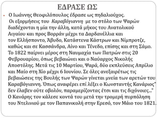 ΕΔΡΑΣΕ ΩΣ
 Ο Ιωάννης Θεοφιλόπουλος έδρασε ως πηδαλιούχος.
Οι εξορμήσεις του Καραβόγιαννη με το στόλο των Ψαρών
διαδέχονται η μία την άλλη, κατά μήκος του Ανατολικού
Αιγαίου και προς Βορράν μέχρι τα Δαρδανέλλια και
τον Ελλήσποντο, Άβυδο, Κατάστενα Κάστρων και Νίμπροτζε,
καθώς και σε Κασσάνδρα, Αίνο και Τένεδο, επίσης και στη Σάμο.
Το 1822 παίρνει μέρος στη Ναυμαχία των Πατρών στις 20
Φεβρουαρίου, όπως βεβαιώνει και ο Ναύαρχος Νικολής
Αποστόλης. Μετά τις 10 Μαρτίου, Ψαρά, δύο εκπλεύσεις Απρίλιο
και Μαίο στη Χίο μέχρι 6 Ιουνίου. Σε όλες ανεξαιρέτως τις
βεβαιώσεις της Βουλής των Ψαρών γίνεται μνεία των αρετών του
Καραβόγιαννη. Όπως αναφέρει επί λέξει ο Κωνσταντής Κανάριος"
δεν έλαβεν ούτε οβολόν, παραμερίζοντας έτσι και τις διχόνοιες..."
Ο Κανάρης τον κάλεσε κοντά του μετά την τρομερή πυρπόληση
του Ντελινιού με τον Παπανικολή στην Ερεσό, τον Μάιο του 1821.
 