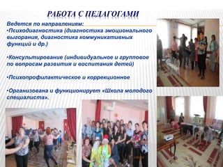 РАБОТА С ПЕДАГОГАМИ
Ведется по направлениям:
•Психодиагностика (диагностика эмоционального
выгорания, диагностика коммуникативных
функций и др.)
•Консультирование (индивидуальное и групповое
по вопросам развития и воспитания детей)
•Психопрофилактическое и коррекционное
•Организована и функционирует «Школа молодого
специалиста».
 