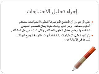 ‫االحتياجات‬ ‫تحليل‬ ‫إجراء‬
‫تستخد‬ ‫االحتياجات‬ ‫لتحليل‬ ‫الموصوفة‬ ‫المناهج‬ ‫أن‬ ‫من‬ ‫الرغم‬ ‫على‬‫م‬
‫مختلفة‬ ‫أساليب‬,‫التع‬ ‫للمصمم‬ ‫يمكن‬ ‫مفيدة‬ ‫بيانات‬ ‫تقديم‬ ‫وهو‬‫ليمي‬
‫الممكنة‬ ‫الحلول‬ ‫أفضل‬ ‫لوضع‬ ‫استخدامها‬,‫ال‬ ‫حل‬ ‫في‬ ‫تساعد‬ ‫والتي‬‫مشكلة‬.
‫لتجمي‬ ‫متنوعة‬ ‫أدوات‬ ‫باستخدام‬ ‫االحتياجات‬ ‫تحليل‬ ‫تنفيذ‬ ‫يتم‬‫البيانات‬ ‫ع‬
‫عن‬ ‫اإلجابة‬ ‫في‬ ‫لتساعد‬:
 