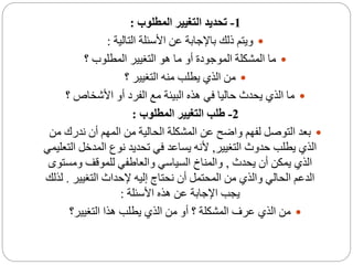 1-‫المطلوب‬ ‫التغيير‬ ‫تحديد‬:
‫التالية‬ ‫األسئلة‬ ‫عن‬ ‫باإلجابة‬ ‫ذلك‬ ‫ويتم‬:
‫؟‬ ‫المطلوب‬ ‫التغيير‬ ‫هو‬ ‫ما‬ ‫أو‬ ‫الموجودة‬ ‫المشكلة‬ ‫ما‬
‫؟‬ ‫التغيير‬ ‫منه‬ ‫يطلب‬ ‫الذي‬ ‫من‬
‫؟‬ ‫األشخاص‬ ‫أو‬ ‫الفرد‬ ‫مع‬ ‫البيئة‬ ‫هذه‬ ‫في‬ ‫حاليا‬ ‫يحدث‬ ‫الذي‬ ‫ما‬
2-‫المطلوب‬ ‫التغيير‬ ‫طلب‬:
‫من‬ ‫ندرك‬ ‫أن‬ ‫المهم‬ ‫من‬ ‫الحالية‬ ‫المشكلة‬ ‫عن‬ ‫واضح‬ ‫لفهم‬ ‫التوصل‬ ‫بعد‬
‫التغيير‬ ‫حدوث‬ ‫يطلب‬ ‫الذي‬,‫ال‬ ‫المدخل‬ ‫نوع‬ ‫تحديد‬ ‫في‬ ‫يساعد‬ ‫ألنه‬‫تعليمي‬
‫يحدث‬ ‫أن‬ ‫يمكن‬ ‫الذي‬,‫ومست‬ ‫للموقف‬ ‫والعاطفي‬ ‫السياسي‬ ‫والمناخ‬‫وى‬
‫التغيير‬ ‫إلحداث‬ ‫إليه‬ ‫نحتاج‬ ‫أن‬ ‫المحتمل‬ ‫من‬ ‫والذي‬ ‫الحالي‬ ‫الدعم‬.‫ل‬‫ذلك‬
‫األسئلة‬ ‫هذه‬ ‫عن‬ ‫اإلجابة‬ ‫يجب‬:
‫التغيير؟‬ ‫هذا‬ ‫يطلب‬ ‫الذي‬ ‫من‬ ‫أو‬ ‫؟‬ ‫المشكلة‬ ‫عرف‬ ‫الذي‬ ‫من‬
 