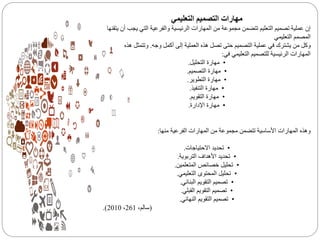 ‫التصميم‬ ‫مهارات‬‫التعليمي‬
‫ي‬ ‫التي‬ ‫والفرعية‬ ‫الرئيسية‬ ‫المهارات‬ ‫من‬ ‫مجموعة‬ ‫تتضمن‬ ‫التعليم‬ ‫تصميم‬ ‫عملية‬ ‫إن‬‫يتقنها‬ ‫أن‬ ‫جب‬
‫التعليمي‬ ‫المصمم‬
‫وكل‬‫وجه‬ ‫أكمل‬ ‫إلى‬ ‫العملية‬ ‫هذه‬ ‫تصل‬ ‫حتى‬ ‫التصميم‬ ‫عملية‬ ‫في‬ ‫يشترك‬ ‫من‬.‫ه‬ ‫وتتمثل‬‫ذه‬
‫في‬ ‫التعليمي‬ ‫للتصميم‬ ‫الرئيسية‬ ‫المهارات‬:
•‫التحليل‬ ‫مهارة‬.
•‫التصميم‬ ‫مهارة‬.
•‫التطوير‬ ‫مهارة‬.
•‫التنفيذ‬ ‫مهارة‬.
•‫التقويم‬ ‫مهارة‬.
•‫اإلدارة‬ ‫مهارة‬.
‫منها‬ ‫الفرعية‬ ‫المهارات‬ ‫من‬ ‫مجموعة‬ ‫تتضمن‬ ‫األساسية‬ ‫المهارات‬ ‫وهذه‬:
•‫االحتياجات‬ ‫تحديد‬.
•‫التربوية‬ ‫األهداف‬ ‫تحديد‬.
•‫المتعلمين‬ ‫خصائص‬ ‫تحليل‬.
•‫التعليمي‬ ‫المحتوى‬ ‫تحليل‬.
•‫البنائي‬ ‫التقويم‬ ‫تصميم‬.
•‫القبلي‬ ‫التقويم‬ ‫تصميم‬.
•‫النهائي‬ ‫التقويم‬ ‫تصميم‬.
(،‫سالم‬261،2010.)
 