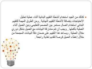 ‫ت‬ ‫عملية‬ ‫أثناء‬ ‫البنائية‬ ‫التقييم‬ ‫أنشطة‬ ‫استخدام‬ ‫الجيد‬ ‫من‬ ‫كذلك‬‫حليل‬
‫النهائية‬ ‫التقييم‬ ‫ألنشطة‬ ‫بإضافة‬ ‫االحتياجات‬,‫المهم‬ ‫الطرق‬ ‫ومن‬‫للتقييم‬ ‫ة‬
‫ا‬ ‫وبين‬ ‫التعليمي‬ ‫المصمم‬ ‫بين‬ ‫مستمر‬ ‫اتصال‬ ‫استخدام‬ ‫البنائي‬‫أثناء‬ ‫لعميل‬
‫بأكملها‬ ‫العملية‬,‫بش‬ ‫العميل‬ ‫مع‬ ‫البيانات‬ ‫مشاركة‬ ‫تتم‬ ‫أن‬ ‫ويجب‬‫دوري‬ ‫كل‬
‫العملية‬ ‫خالل‬,‫المج‬ ‫البيانات‬ ‫دقة‬ ‫ضمان‬ ‫على‬ ‫التقييم‬ ‫هذا‬ ‫ويساعد‬‫من‬ ‫معة‬
‫راجعة‬ ‫تغذية‬ ‫لتقديم‬ ‫فرصة‬ ‫العميل‬ ‫إعطاء‬ ‫خالل‬.
 