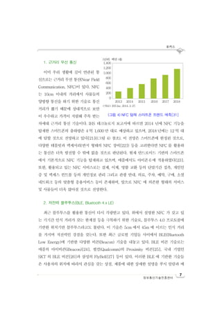 포커스
7
정보통신기술진흥센터
1. 근거리 무선 통신
이미 우리 생활에 깊이 연관된 통
신으로는 근거리 무선 통신(Near Field
Communication, NFC)이 있다. NFC
는 10cm 이내의 거리에서 사물들의
양방향 통신을 하기 위한 기술로 통신
거리가 짧기 때문에 상대적으로 보안
이 우수하고 가격이 저렴해 주목 받는
차세대 근거리 통신 기술이다. IHS 테크놀로지 보고서에 따르면 2014 년에 NFC 기능을
탑재한 스마트폰의 출하량은 4 억 1,600 만 대로 예상하고 있으며, 2018 년에는 12 억 대
에 달할 것으로 전망하고 있다[21]((그림 4) 참조). 이 전망은 스마트폰에 한정된 것으로,
다양한 테블릿과 액세서리(반지 형태의 NFC 장비[22]) 등을 고려한다면 NFC 를 활용하
는 통신은 더욱 발전할 수 밖에 없을 것으로 판단된다. 현재 안드로이드 기반의 스마트폰
에서 기본적으로 NFC 기능을 탑재하고 있으며, 애플에서도 아이폰 6 에 적용하였다[23].
또한, 활용되고 있는 NFC 서비스로는 결제, 이체, 명함 교환 등의 단말기간 접촉, 개인인
증 및 액세스 컨트롤 등의 개인정보 관리 그리고 관광 안내, 의료, 주차, 예약, 구매, 소셜
네트워크 등의 맞춤형 응용서비스 등이 존재하며, 앞으로 NFC 에 의존한 형태의 서비스
및 사물들이 더욱 많아질 것으로 전망한다.
2. 저전력 블루투스(BLE, Bluetooth 4.x LE)
최근 블루투스를 활용한 통신이 다시 각광받고 있다. 위에서 설명한 NFC 가 갖고 있
는 기기간 인식 거리가 갖는 한계점 등을 극복하기 위한 기술로, 블루투스 4.0 프로토콜에
기반한 위치기반 블루투스라고도 불린다. 이 기술은 5cm 에서 45m 에 이르는 인식 거리
를 가지며 저전력인 강점을 갖는다. 또한 최근 글로벌 기업들 사이에서 BLE(Bluetooth
Low Energy)에 기반한 다양한 비콘(Beacon) 기술을 내놓고 있다. BLE 비콘 기술로는
애플의 아이비콘(iBeacon)[24], 퀄컴(Qualcomm)의 Proximity 비콘[25], 국내 기업인
SKT 의 BLE 비콘[26]과 삼성의 FlyBell[27] 등이 있다. 이러한 BLE 에 기반한 기술들
은 사용자의 위치에 따라서 관심을 갖는 상점, 제품에 대한 상세한 설명을 푸시 알람과 메
<자료>: IHS Inc, 2014. 2. 27.
(그림 4) NFC 탑재 스마트폰 트랜드 예측[31]
1,400
1,200
1,000
800
600
400
200
0
2013 2014 2015 2016 2017 2018
(단위: 백만 대)
 