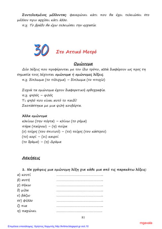 81
Συντελεσµένος µέλλοντας: φανερώνει κάτι που θα έχει τελειώσει στο
µέλλον πριν αρχίσει κάτι άλλο.
π.χ. Το βράδυ θα έχω τελειώσει την εργασία.
ΣΣΣτττοοο ΑΑΑττττττιιικκκόόό ΜΜΜεεετττρρρόόό
Οµώνυµα
∆ύο λέξεις που προφέρονται µε τον ίδιο τρόπο, αλλά διαφέρουν ως προς τη
σηµασία τους λέγονται οµώνυµα ή οµώνυµες λέξεις.
π.χ. δίπλωµα (το τύλιγµα) – δίπλωµα (το πτυχίο)
Συχνά τα οµώνυµα έχουν διαφορετική ορθογραφία.
π.χ. ψηλός – ψιλός
Τι ψηλό που είναι αυτό το παιδί!
Σκεπάστηκα µε µια ψιλή κουβέρτα.
Άλλα οµώνυµα
κλείνω (την πόρτα) – κλίνω (το ρήµα)
πήρα (παίρνω) – (η) πείρα
(ο) τοίχος (του σπιτιού) – (το) τείχος (του κάστρου)
(το) κερί – (οι) καιροί
(το δράµα) – (η) ∆ράµα
Ασκήσεις
1. Να γράψεις µια οµώνυµη λέξη για κάθε µια από τις παρακάτω λέξεις:
α) κουτί ……………………………………………..
β) αυτή ……………………………………………..
γ) σήκω ……………………………………………..
δ) µίλα ……………………………………………..
ε) βάζω ……………………………………………..
στ) φύλλο ……………………………………………..
ζ) πια ……………………………………………..
η) παγώνει …………………………………………….
mgavala
Επιμέλεια επανάληψης: Χρήστος Χαρμπής http://kritiria.blogspot.gr σελ.10
 