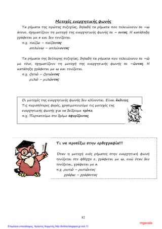 82
Μετοχές ενεργητικής φωνής
Τα ρήµατα της πρώτης συζυγίας, δηλαδή τα ρήµατα που τελειώνουν σε –ω
άτονο, σχηµατίζουν τη µετοχή της ενεργητικής φωνής σε – οντας. Η κατάληξη
γράφεται µε ο και δεν τονίζεται.
π.χ. παίζω – παίζοντας
απλώνω – απλώνοντας
Τα ρήµατα της δεύτερης συζυγίας, δηλαδή τα ρήµατα που τελειώνουν σε –ώ
µε τόνο, σχηµατίζουν τη µετοχή της ενεργητικής φωνής σε –ώντας. Η
κατάληξη γράφεται µε ω και τονίζεται.
π.χ. ζητώ – ζητώντας
µιλώ – µιλώντας
Οι µετοχές της ενεργητικής φωνής δεν κλίνονται. Είναι άκλιτες.
Τις περισσότερες φορές, χρησιµοποιούµε τις µετοχές της
ενεργητικής φωνής για να δείξουµε τρόπο.
π.χ. Περπατούµε στο δρόµο σφυρίζοντας.
Τι να προσέξω στην ορθογραφία!!!
Όταν η µετοχή ενός ρήµατος στην ενεργητική φωνή
τονίζεται στο φθόγγο ο, γράφεται µε ω, ενώ όταν δεν
τονίζεται, γράφεται µε ο.
π.χ. ρωτώ – ρωτώντας
γράφω – γράφοντας
mgavala
Επιμέλεια επανάληψης: Χρήστος Χαρμπής http://kritiria.blogspot.gr σελ.11
 