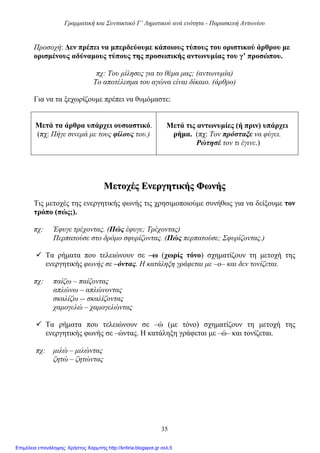 Γραμματική και Συντακτικό Γ’ Δημοτικού ανά ενότητα - Παρασκευή Αντωνίου
35
Προσοχή: Δεν πρέπει να μπερδεύουμε κάποιους τύπους του οριστικού άρθρου με
ορισμένους αδύναμους τύπους της προσωπικής αντωνυμίας του γ’ προσώπου.
πχ: Του μίλησες για το θέμα μας; (αντωνυμία)
Το αποτέλεσμα του αγώνα είναι δίκαιο. (άρθρο)
Για να τα ξεχωρίζουμε πρέπει να θυμόμαστε:
Μετά τα άρθρα υπάρχει ουσιαστικό.
(πχ: Πήγε σινεμά με τους φίλους του.)
Μετά τις αντωνυμίες (ή πριν) υπάρχει
ρήμα. (πχ: Τον πρόσταξε να φύγει.
Ρώτησέ τον τι έγινε.)
ΜΜεεττοοχχέέςς ΕΕννεερργγηηττιικκήήςς ΦΦωωννήήςς
Τις μετοχές της ενεργητικής φωνής τις χρησιμοποιούμε συνήθως για να δείξουμε τον
τρόπο (πώς;).
πχ: Έφυγε τρέχοντας. (Πώς έφυγε; Τρέχοντας)
Περπατούσε στο δρόμο σφυρίζοντας. (Πώς περπατούσε; Σφυρίζοντας.)
 Τα ρήματα που τελειώνουν σε –ω (χωρίς τόνο) σχηματίζουν τη μετοχή της
ενεργητικής φωνής σε –όντας. Η κατάληξη γράφεται με –ο– και δεν τονίζεται.
πχ: παίζω – παίζοντας
απλώνω – απλώνοντας
σκαλίζω -- σκαλίζοντας
χαμογελώ – χαμογελώντας
 Τα ρήματα που τελειώνουν σε –ώ (με τόνο) σχηματίζουν τη μετοχή της
ενεργητικής φωνής σε –ώντας. Η κατάληξη γράφεται με –ώ– και τονίζεται.
πχ: μιλώ – μιλώντας
ζητώ – ζητώντας
Επιμέλεια επανάληψης: Χρήστος Χαρμπής http://kritiria.blogspot.gr σελ.5
 