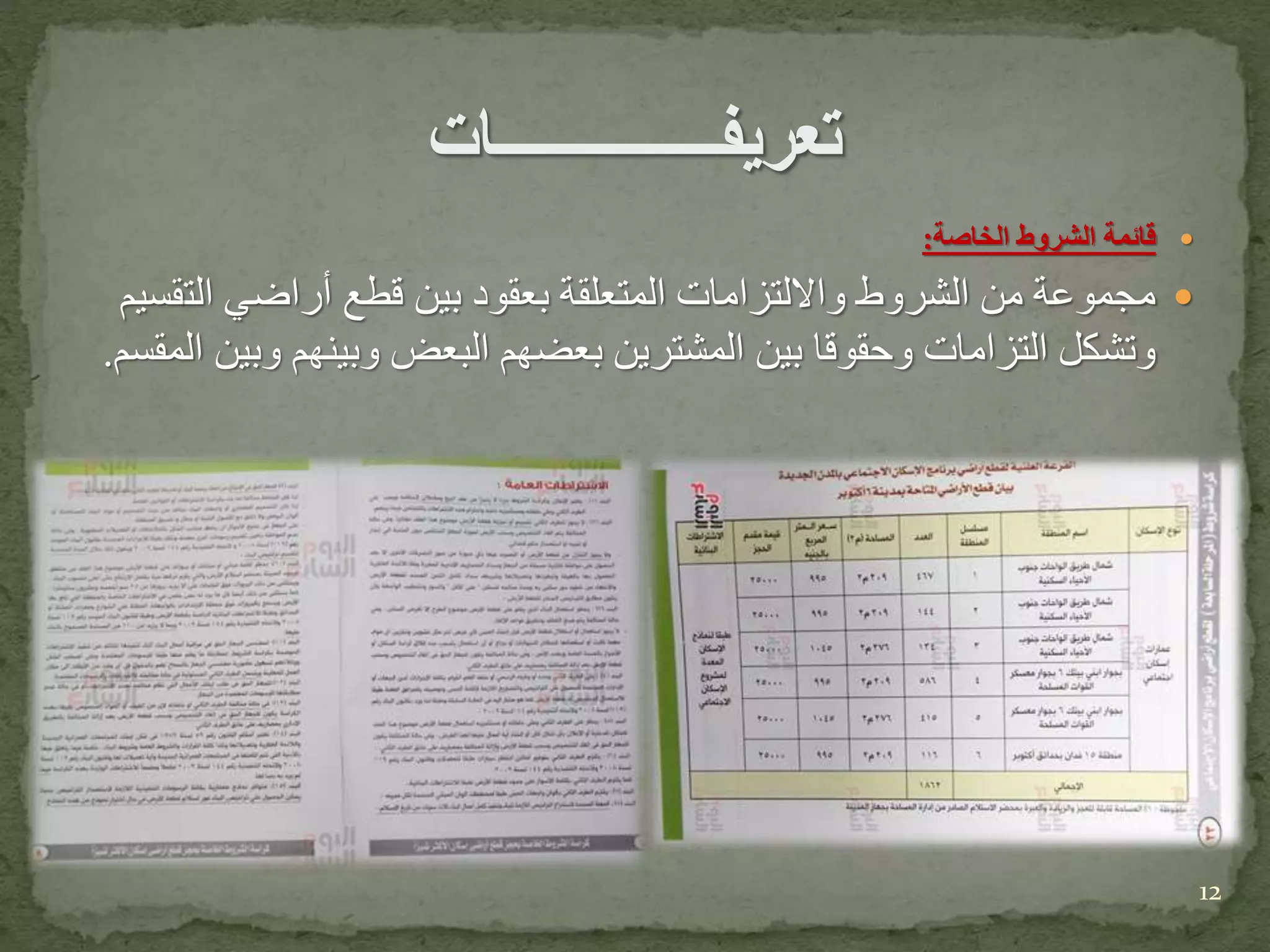 ‫الخاصة‬ ‫الشروط‬ ‫قائمة‬:
‫الت‬ ‫أراضي‬ ‫قطع‬ ‫بين‬ ‫بعقود‬ ‫المتعلقة‬ ‫وااللتزامات‬ ‫الشروط‬ ‫من‬ ‫مجموعة‬‫قسيم‬
‫و‬ ‫وبينهم‬ ‫البعض‬ ‫بعضهم‬ ‫المشترين‬ ‫بين‬ ‫وحقوقا‬ ‫التزامات‬ ‫وتشكل‬‫المقسم‬ ‫بين‬.
12
 