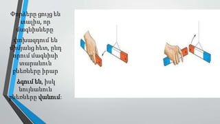 Փորձերը ցույց են
տալիս, որ
մագնիսները
փոխազդում են
միմյանց հետ, ընդ
որում մագնիսի
տարանուն
բևեռները իրար
ձգում են, իսկ
նույնանուն
բևեռները վանում:
 