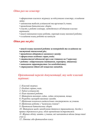 Один раз на семестр:
• оформления класного журналу за підсумками семестру, складання
звіту;
• заповнення табелів успішності та вручения їх учням;
• проведения батьківських зборів;
• участь у роботі семінару, методичного об'еднання класних
керівників;
• аналіз виконання плану роботи, корекція плану виховної роботи;
• складання плану роботи на канікули
Один раз на рік:
• аналіз плану виховної роботи за попередній та складання на
наступний навчальний рік;
• проведення відкритого виховного заходу;
• оформления особових справ учнів;
• статистичні відомості про клас (станом на 5 вересня);
• робота з підручниками (видавання, перевірка, здавання);
• написання характеристик (за необхідністю);
• страхування дітей від нещасних випадків.
Оріентовний перелік документації, яку веде класний
керівник:
1. Класний журнал.
2. Особові справи учнів.
3. Табелі успішності.
4. План виховної роботи.
5. Матеріали виховних годин, годин спілкування, тощо.
6. Розробки сценаріїв виховних заходів.
7. Щоденник психолого-педагогічних спостережень за учнями.
8. Щоденник роботи з "важкими учнями".
9. Протоколи батьківських зборів.
10. Матеріали щодо запобігання дитячого травматизму, бесіди з
правил дорожнього руху, облік проведения інструктажів.
11. Журнал обліку занять з учнями, які навчаються вдома (якщо такі
учиі є).
12. Літопис або фотоальбом класу.
 