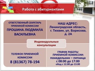 Работа с абитуриентами
ОТВЕТСТВЕННЫЙ СЕКРЕТАРЬ
ПРИЕМНОЙ КОМИССИИ
ПРОШИНА ЛЮДМИЛА
ВАСИЛЬЕВНА
НАШ АДРЕС:
Ленинградская область,
г. Тихвин, ул. Борисова,
д. 2А
ТЕЛЕФОН ПРИЕМНОЙ
КОМИССИИ
8 (81367) 78-194
ГРАФИК РАБОТЫ
ПРИЕМНОЙ КОМИССИИ:
понедельник – пятница
с 08:00 до 17:00
обед с 12.00 до 13.00
Индивидуальные
консультации
 