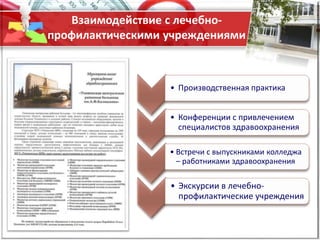 Взаимодействие с лечебно-
профилактическими учреждениями
• Производственная практика
• Конференции с привлечением
специалистов здравоохранения
• Встречи с выпускниками колледжа
– работниками здравоохранения
• Экскурсии в лечебно-
профилактические учреждения
 
