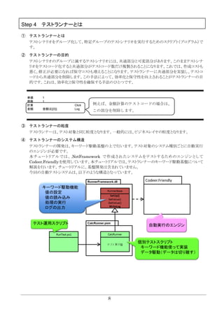 8
Step 4 テストランナーとは
① テストランナーとは
テストシナリオをグループ化して、特定グループのテストシナリオを実行するためのスクリプト（プログラム）で
す。
② テストランナーの目的
テストシナリオのグループに属するテストシナリオには、共通部分と可変部分があります。このままテストシナ
リオをテストコード化すると共通部分がテストコード数だけ複製されることになります。これでは、作成コストも
悪く、修正が必要になれば保守コストも増えることになります。テストランナーに共通部分を実装し、テストコ
ードから共通部分を削除します。この手法によって、効率化と保守性を向上されることがテストランナーの目
的です。これは、効率化と保守性を確保する手法のひとつです。
単価 1
個数 1
計算 Click
金額 金額は[{0}] Log
③ テストランナーの粒度
テストランナーは、テスト対象と同じ粒度となります。一般的には、ビジネスレイヤの粒度となります。
④ テストランナーのシステム構造
テストランナーの開発は、キーワード駆動基盤の上で行います。テスト対象のシステム種別ごとに自動実行
のエンジンが必要です。
本チュートリアルでは、.NetFramework で作成されたシステムをテストするためのエンジンとして
Codeer.Friendlyを使用しています。本チュートリアルでは、テストランナーのキーワード駆動基盤について
解説を行います。チュートリアルに、基盤開発は含まれていません。
今回の自動テストシステムは、以下のような構造となっています。
例えば、金額計算のテストコードの場合は、
この部分を削除します。
 