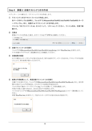 11
Step 8 課題 2：自動テストシナリオの作成
エディター（メモ帳など）でテストシナリオを作成します。
① テストシナリオをテキストファイルで作成します。
全ページのサンプルを参考に、フォルダ「C:¥KeywordAutoTest¥02.AutoTest¥04.TestSet¥00.キーワ
ードサンプル」内に、拡張子.txt でテストシナリオを作成します。
ファイル「00.テストケース.txt」をコピーして、リネームしてください。ファイル名は、任意で結
構です。
② 注意点
新規にファイルを作成した場合、文字コードは必ず「UTF-8」を選択してください。
③ 自動テストシナリオの実行
フォルダ「C:¥KeywordAutoTest¥02.AutoTest¥03.AutoScript」内の「RunTest.bat」を実行します。
テスト対象のプログラムが二度起動されることを確認してください。
④ 自動結果の確認
以下の様なメッセージボックスが表示されれば、実行は成功です。エラーとなるのは、テストシナリオを追加
したことで、実行結果が変わったためです。
⑤ 結果を予想結果として、再度自動テストシナリオの実行
自動テストを実行すると、フォルダ「C:¥KeywordAutoTest¥02.AutoTest¥06.TestResult」内に、実行時
間の日時のフォルダが作成され、その中にテスト結果が作成されます。
フォルダ内の「00.キーワードサンプル.log」ファイルを開いて、内容を確認します。
内容が予想した通りであれば、これを正式なテスト結果とします。
ファイルをフォルダ「C:¥KeywordAutoTest¥02.AutoTest¥05.TestExpected」にコピー（置き換え）してく
ださい。
再度「RunTest.bat」を実行して、下記のメッセージボクスが表示されれば成功です。
 