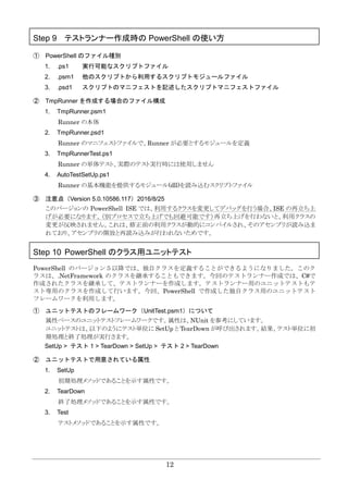 12
Step 9 テストランナー作成時の PowerShell の使い方
① PowerShell のファイル種別
1. .ps1 実行可能なスクリプトファイル
2. .psm1 他のスクリプトから利用するスクリプトモジュールファイル
3. .psd1 スクリプトのマニフェストを記述したスクリプトマニフェストファイル
② TmpRunner を作成する場合のファイル構成
1. TmpRunner.psm1
Runner の本体
2. TmpRunner.psd1
Runner のマニフェストファイルで、Runner が必要とするモジュールを定義
3. TmpRunnerTest.ps1
Runner の単体テスト、実際のテスト実行時には使用しません
4. AutoTestSetUp.ps1
Runner の基本機能を提供するモジュール(dll)を読み込むスクリプトファイル
③ 注意点（Version 5.0.10586.117）2016/8/25
このバージョンの PowerShell ISE では、利用するクラスを変更してデバッグを行う場合、ISE の再立ち上
げが必要になります。（別プロセスで立ち上げでも回避可能です）再立ち上げを行わないと、利用クラスの
変更が反映されません。これは、修正前の利用クラスが動的にコンパイルされ、そのアセンブリが読み込ま
れており、アセンブリの開放と再読み込みが行われないためです。
Step 10 PowerShell のクラス用ユニットテスト
PowerShell のバージョン５以降では、独自クラスを定義することができるようになりました。このク
ラスは、.NetFramework のクラスを継承することもできます。今回のテストランナー作成では、C#で
作成されたクラスを継承して、テストランナーを作成します。テストランナー用のユニットテストもテ
スト専用のクラスを作成して行います。今回、PowerShell で作成した独自クラス用のユニットテスト
フレームワークを利用します。
① ユニットテストのフレームワーク（UnitTest.psm1）について
属性ベースのユニットテストフレームワークです。属性は、NUnit を参考にしています。
ユニットテストは、以下のようにテスト単位に SetUp と TearDown が呼び出されます。結果、テスト単位に初
期処理と終了処理が実行さます。
SetUp > テスト 1 > TearDown > SetUp > テスト 2 > TearDown
② ユニットテストで用意されている属性
1. SetUp
初期処理メソッドであることを示す属性です。
2. TearDown
終了処理メソッドであることを示す属性です。
3. Test
テストメソッドであることを示す属性です。
 