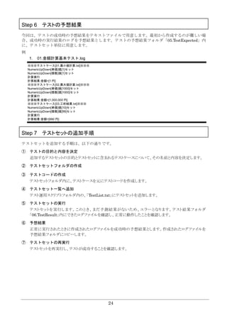 24
Step 6 テストの予想結果
今回は、テストの成功時の予想結果をテキストファイルで用意します。最初から作成するのが難しい場
合、成功時の実行結果のログを予想結果とします。テストの予想結果フォルダ「05.TestExpected」内
に、テストセット単位に用意します。
例
1. 01.金額計算基本テスト.log
※※※テストケース[01.最小値計算.txt]※※※
NumericUpDown[単価]値[1]セット
NumericUpDown[個数]値[1]セット
計算実行
計算結果:金額=[1 円]
※※※テストケース[02.最大値計算.txt]※※※
NumericUpDown[単価]値[1000]セット
NumericUpDown[個数]値[1000]セット
計算実行
計算結果:金額=[1,000,000 円]
※※※テストケース[03.三桁結果.txt]※※※
NumericUpDown[単価]値[10]セット
NumericUpDown[個数]値[99]セット
計算実行
計算結果:金額=[990 円]
Step 7 テストセットの追加手順
テストセットを追加する手順は、以下の通りです。
① テストの目的と内容を決定
追加するテストセットの目的とテストセットに含まれるテストケースについて、その名前と内容を決定します。
② テストセットフォルダの作成
③ テストコードの作成
テストセットフォルダ内に、テストケースを元にテストコードを作成します。
④ テストセット一覧へ追加
テスト運用スクリプトフォルダ内の、「TestList.txt」にテストセットを追加します。
⑤ テストセットの実行
テストセットを実行します。このとき、まだ予測結果がないため、エラーとなります。テスト結果フォルダ
「06.TestResult」内にできたログファイルを確認し、正常に動作したことを確認します。
⑥ 予想結果
正常に実行されたときに作成されたログファイルを成功時の予想結果とします。作成されたログファイルを
予想結果フォルダにコピーします。
⑦ テストセットの再実行
テストセットを再実行し、テストが成功することを確認します。
 