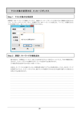 29
テスト対象の変更対応 メッセージボックス
Step 1 テスト対象の仕様変更
消費税で 10 パーセントを選択したときに、確認のメッセージボックスが表示される機能が追加されま
した。メッセージボックスの「はい」を選択すると 10 パーセントに変更され、「いいえ」が選択される
と元の状態となり、10 パーセントの設定になりません。
Step 2 課題７：キーワードの機能追加
値の設定は、「消費税△パーセント 10」（△は区切り文字）という形式（ルール）でした。今回の機能変更に
合わせて、メッセージボックスを操作するキーワードを追加する必要があります。
どの様な形式を追加するのが良いか書いて下さい。
注意点、キーワードによる値のセットは、同期処理（対象プログラムの処理が終わってから、次のキーワード
を処理する）でした。メッセージボックスは、値のセットの処理内で行われるため通常の値セットと異なること
を明示する必要があります。
 