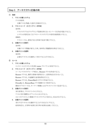 32
Step 3 アーキテクチャ定義の例
① 指針
1. テスト対象システム
テスト容易性
自動テストを考慮した設計と実装を行うこと。
2. テストコード（スクリプト）の作成
効率性
テストスクリプトはプログラミング技術を持たないメンバーでも作成可能とすること。
システムが変更されてもテストコード（スクリプト）の変更を最低限とすること。
理解性
テストコードは、意味が分かる単語で記述可能とすること。
3. 自動テストの実行
効率性
自動テストで問題が発生した時、効率的に問題箇所を特定できること。
4. 自動テストの運用
効率性
必要なテストセットを選択して実行することができること。
② ルール
1. テスト対象システム
コントロールにドメインの名詞を name プロパティに設定すること。
2. テストコード（スクリプト）の作成
ユースシナリオのグループ単位に、Runner クラスを作成すること。
Runner クラスは、動作と情報の取得を行い、結果判定は行わないこと。
Runner クラスは、共通操作と結果取得を行うこと。
Runner クラスは、PowerShell のクラスで作成すること。
Friendly は、RunnerBase クラス(C#)のみで利用すること。
個別のテストコードは、キーワード駆動によるテキストファイルで記述すること。
3. 自動テストの実行
実行結果は、テキストファイルとすること。
テストの実行履歴をログファイルに出力すること。
ひとつのテストセット（複数のテストスクリプト）の実行は、５分以内とすること。
4. 自動テストの運用
実行するテストセットを選択することができるようにすること。
結果判定は、正常時の結果と実行時の結果を比較して行うこと。
 