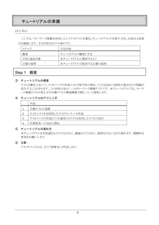 3
チュートリアルの準備
はじめに
ここでは、｢キーワード駆動を利用したシステムテスト自動化｣チュートリアルの目指す方向、出発点と到着
点を確認します。主な内容は以下の通りです。
ステップ 主な内容
概要 チュートリアルの概要と予定
目的・達成目標 本チュートリアルに期待すること
言葉の説明 本チュートリアルで使用する言葉の説明
Step 1 概要
③ チュートリアルの概要
テスト自動化において、テストコードの作成コストや保守性の悪化、テスト記述の可読性の悪さなどの問題が
発生することがあります。この対処方法の一つがキーワード駆動テストです。本チュートリアルでは、キーワ
ード駆動テストの考え方や自動テストの環境構築手順について説明します。
④ チュートリアルのアジェンダ
内容
１ 自動テストの基礎
２ テストシナリオを利用したテストランナーの作成
３ テストコードの作成とテスト運用スクリプトを利用したテストの実行
４ 仕様変更への対応と強化
⑤ チュートリアルの進め方
本チュートリアルを有意義なものとするために、講義だけではなく、演習を行ないながら進めます。積極的な
参加をお願いします。
⑥ 注意
テキストファイルは、全て「UTF-8」で作成します。
 