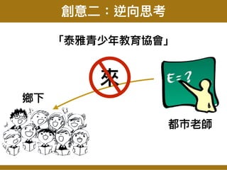 來來
創意⼆二：逆向思考
鄉下
都市老師
「泰雅青少年年教育協會」
 