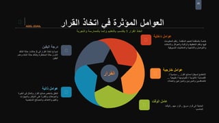 25
‫القرار‬ ‫اتخاذ‬ ‫في‬ ‫المؤثرة‬ ‫العوامل‬
‫اليقين‬ ‫درجة‬
‫في‬ ‫القرار‬ ‫اتخاذ‬ ‫نموذج‬3‫حاالت‬:‫التأكد‬ ‫حالة‬
‫وعدم‬ ‫الشك‬ ‫حالة‬ ‫وكذلك‬ ‫المخاطرة‬ ‫حالة‬ ‫و‬ ‫التام‬
‫اليقين‬
‫ذاتية‬ ‫عوامل‬
‫الخبرة‬ ‫في‬ ‫وتتمثل‬ ‫القرار‬ ‫صانع‬ ‫بشخص‬ ‫تتعلق‬
‫والمهارات‬ ‫االبتكار‬ ‫على‬ ‫والقدرة‬ ‫والمؤهالت‬
‫الشخصية‬ ‫والمصالح‬ ‫واالهداف‬ ‫والقيم‬
‫داخلية‬ ‫عوامل‬
‫بالمنظمة‬ ‫خاصة‬‫كحجم‬‫المنظمة‬..‫المعلومات‬ ‫نظم‬
‫والحوافز‬ ‫والرقابة‬ ‫التخطيط‬ ‫ونظم‬ ‫فيها‬‫واالمكانت‬
‫التسويقية‬ ‫واالمكانيات‬ ‫واالنتاجية‬ ‫واالتواصل‬
‫الوقت‬ ‫عامل‬
‫سريع‬ ‫قرار‬ ‫الى‬ ‫الحاجة‬..‫مهم‬ ‫قرار‬..‫الوقت‬
‫المناسب‬
‫خارجية‬ ‫عوامل‬
‫القرار‬ ‫صانع‬ ‫لسيطرة‬ ‫التخضع‬..‫سياسية‬/
‫اقتصادية‬/‫قانونية‬/‫تكنولوجية‬/‫طبيعية‬...
‫كالمنافسين‬‫والموردين‬‫والموزعين‬‫والعمالء‬
 