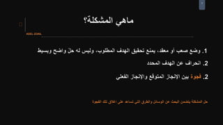 7
‫المشكلة؟‬ ‫ماهي‬
1.‫صعب‬ ‫وضع‬‫معقد‬ ‫أو‬‫الهدف‬ ‫تحقيق‬ ‫يمنع‬ ،،‫المطلوب‬‫وبسيط‬ ‫واضح‬ ّ‫ل‬‫ح‬ ‫له‬ ‫وليس‬
2.‫المحدد‬ ‫الهدف‬ ‫عن‬ ‫انحراف‬
‫الفجوة‬ ‫تلك‬ ‫اغالق‬ ‫على‬ ‫تساعد‬ ‫التي‬ ‫والطرق‬ ‫الوسائل‬ ‫عن‬ ‫البحث‬ ‫يتضمن‬ ‫المشكلة‬ ‫حل‬
2.‫فجوة‬‫الفعلي‬ ‫واإلنجاز‬ ‫المتوقع‬ ‫اإلنجاز‬ ‫بين‬
 