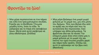 Φροντίζω τα ζώα!
• Μια μέρα περπατούσα σε ένα πάρκο
και είδα ένα τραυματισμένο σκυλάκι.
Έτρεξα και το βοήθησα ! Ένιωσα
μεγάλη λύπη, όταν το είδα. Το
γιάτρεψα και το πήγα στο καταφύγιο
ζώων. Μετά από αυτό σκέφτηκα να
γίνω εθελόντρια. (Στέλλα)
• Μια μέρα βρήκαμε ένα μικρό μωρό
χελώνα με τη μαμά του, μες στη μέση
του δρόμου. Τότε εγώ βγήκα έξω από
το αμάξι και τα πήγα εκεί που τα
αυτοκίνητα δεν περνούσαν. Εκεί
υπήρχαν και άλλα χελωνάκια. Τα
φρόντισα όλα και τα τάισα! Την
επόμενη μέρα ήταν στον κήπο μας η
μαμά χελώνα με το μωρό της και
εκείνη την ώρα ένιωσα μεγάλη χαρά
και πάρα πολύ αγάπη. Ελπίζω και
αυτό το καλοκαίρι να την βρω εκεί.
(Βασιλική)
70o Δημοτικό Σχολείο Αθηνών, 2016-2017
 