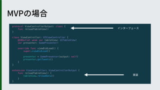 protocol ViewControllerOutput: class {
func reloadTableView()
}
class ViewController: UIViewController {
@IBOutlet weak var tableView: UITableView!
var presenter: SomePresenter!
override func viewDidLoad() {
super.viewDidLoad()
presenter = SomePresenter(output: self)
presenter.getTweets()
}
}
extension ViewController: ViewControllerOutput {
func reloadTableView() {
tableView.reloadData()
}
}
 