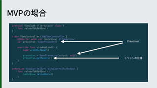 protocol ViewControllerOutput: class {
func reloadTableView()
}
class ViewController: UIViewController {
@IBOutlet weak var tableView: UITableView!
var presenter: SomePresenter!
override func viewDidLoad() {
super.viewDidLoad()
presenter = SomePresenter(output: self)
presenter.getTweets()
}
}
extension ViewController: ViewControllerOutput {
func reloadTableView() {
tableView.reloadData()
}
}
 