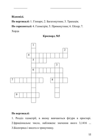 12
Відповіді.
По вертикалі: 1. Гіппарх; 2. Багатокутник; 3. Трапеція;
По горизонталі: 4. Геометрія; 5. Прямокутник; 6. Ейлер; 7.
Хорда
Кросворд №5
По вертикалі:
1. Розділ геометрії, в якому вивчаються фігури в просторі.
2.Ірраціональне число, наближене значення якого 3,1416 ...
3.Бісектриса і висота в трикутнику.
1
2
4
5
3
6
7 8
9
 