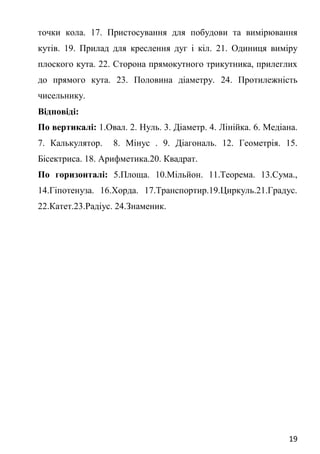19
точки кола. 17. Пристосування для побудови та вимірювання
кутів. 19. Прилад для креслення дуг і кіл. 21. Одиниця виміру
плоского кута. 22. Сторона прямокутного трикутника, прилеглих
до прямого кута. 23. Половина діаметру. 24. Протилежність
чисельнику.
Відповіді:
По вертикалі: 1.Овал. 2. Нуль. 3. Діаметр. 4. Лінійка. 6. Медіана.
7. Калькулятор. 8. Мінус . 9. Діагональ. 12. Геометрія. 15.
Бісектриса. 18. Арифметика.20. Квадрат.
По горизонталі: 5.Площа. 10.Мільйон. 11.Теорема. 13.Сума.,
14.Гіпотенуза. 16.Хорда. 17.Транспортир.19.Циркуль.21.Градус.
22.Катет.23.Радіус. 24.Знаменик.
 