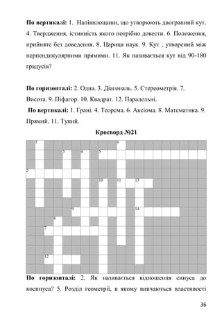 36
По вертикалі: 1. Напівплощини, що утворюють двогранний кут.
4. Твердження, істинність якого потрібно довести. 6. Положення,
прийняте без доведення. 8. Цариця наук. 9. Кут , утворений між
перпендикулярними прямими. 11. Як називається кут від 90-180
градусів?
По горизонталі: 2. Одна. 3. Діагональ. 5. Стереометрія. 7.
Висота. 9. Піфагор. 10. Квадрат. 12. Паралельні.
По вертикалі: 1. Грані. 4. Теорема. 6. Аксіома. 8. Математика. 9.
Прямий. 11. Тупий.
Кросворд №21
По горизонталі: 2. Як називається відношення синуса до
косинуса? 5. Розділ геометрії, в якому вивчаються властивості
1 6
3 4 5
2
10 11 13
9 14
8
7
12
 