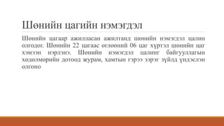 Шөнийн цагийн нэмэгдэл
Шөнийн цагаар ажилласан ажилтанд шөнийн нэмэгдэл цалин
олгодог. Шөнийн 22 цагаас өглөөний 06 цаг хүртэл шөнийн цаг
хэмээн нэрлэнэ. Шөнийн нэмэгдэл цалинг байгууллагын
хөдөлмөрийн дотоод журам, хамтын гэрээ зэрэг зүйлд үндэслэн
олгоно
 