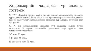 Хөдөлмөрийн чадвараа түр алдсны
тэтгэмж
ХЧТАТ –Ердийн өвчин, ахуйн ослын улмаас хөдөлмөрийн чадвараа
түр алдахаас өмнө 3 ба түүнээс дээш хугацаагаар тэтгэмжийн даатгал
төлсөн даатгуулагч хөдөлмөрийн чадвараа түр алдсны тэтгэмж авах
эрх үүснэ.
ХЧТАТ-ийг хөдөлмөрийн чадвараа түр алдахаас өмнөх бүтэн
ажилласан 3 сарын цалингийн дундажаас дор дурьсан хувь
хэмжээгээр тооцоолно.
0-5 жил 50 хувь
6-14 жил 55 хувь
15-аас дээш жил 75 хувь
 