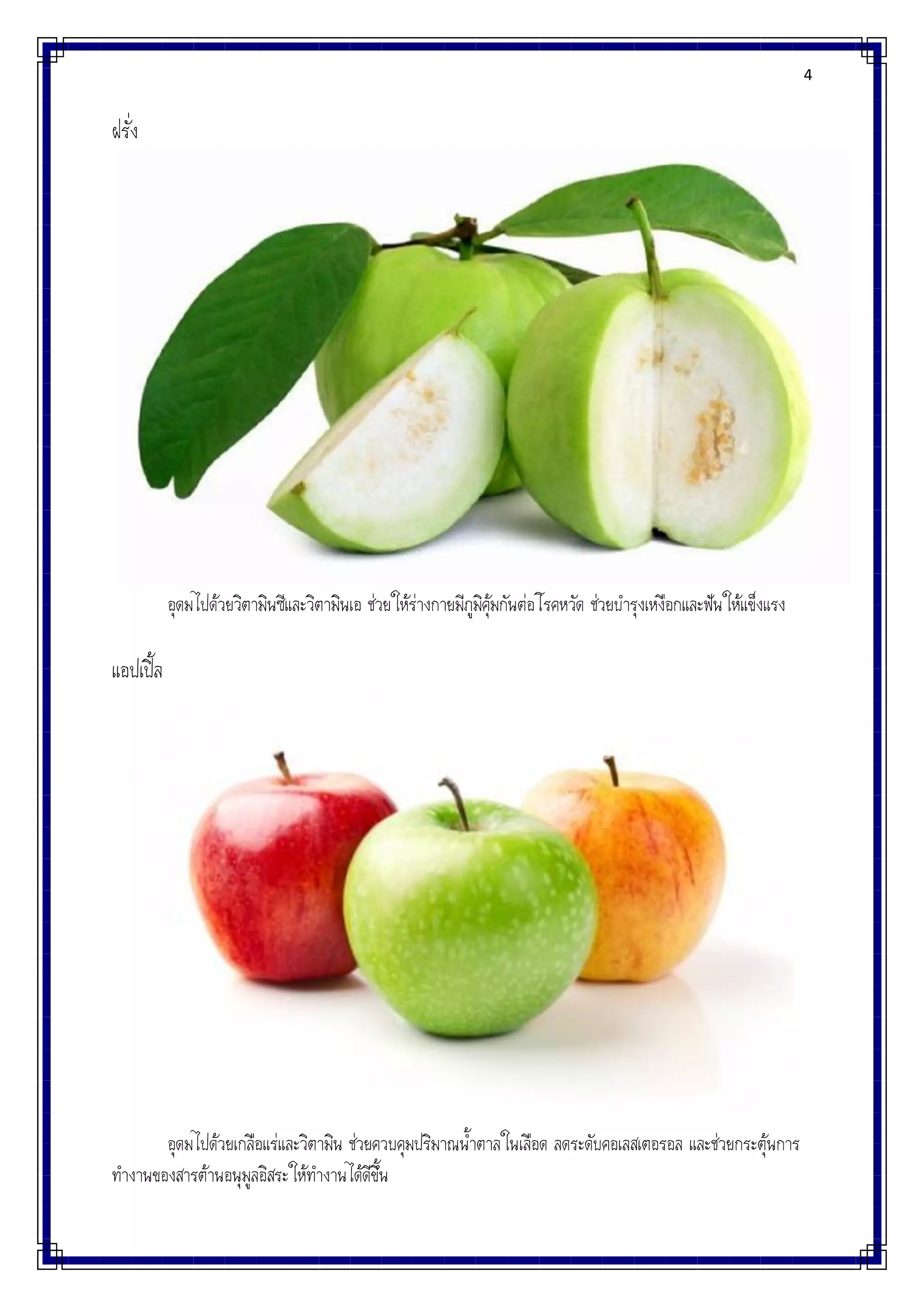 4
ฝรั่ง
อุดมไปด้วยวิตามินซีและวิตามินเอ ช่วยให้ร่างกายมีภูมิคุ้มกันต่อโรคหวัด ช่วยบารุงเหงือกและฟันให้แข็งแรง
แอปเปิ้ล
อุดมไปด้วยเกลือแร่และวิตามิน ช่วยควบคุมปริมาณน้าตาลในเลือด ลดระดับคอเลสเตอรอล และช่วยกระตุ้นการ
ทางานของสารต้านอนุมูลอิสระให้ทางานได้ดีขึ้น
 