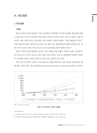 FOCUS
FOCUS 1 산업 간 융합 관점에서 본 핀테크의 시사점 7
Ⅲ. 산업 동향
1. 국외 동향
1) 영국
영국은 ’08년 글로벌 금융위기 이후 금융계와 IT산업계의 적극적인 융합을 통해 현재 핀테
크 발전 속도 및 투자 측면에서 세계 최고의 위치에 자리하고 있다. 영국 내 핀테크 산업 종
사자는 13만 5천여 명으로 추산되며, 런던 내에만 1,800여 핀테크 기업이 활동하고 있다.３
또한 핀테크를 통한 거래 규모는 ’08년 이후 매년 74% 성장해 왔으며(세계 성장률 27%), 핀
테크 투자 규모는 ’08년 이후 5년 간 총 7억 8,100만$(2,915억 원)에 이른다.４
영국의 핀테크 발달 배경에는 20세기 이후 건재한 금융 산업이 자리하고 있다. 글로벌 금
융 회사의 본사 다수가 런던 등 영국 대도시에 위치하고 있으며, 광범위하게 발달한 금융망
이 전 세계의 핀테크 자본을 영국으로 유입시키는 배경이 되고 있다.
최근 영국 내 핀테크 산업은 거대 금융사의 지원을 배경으로 성장 중인데, 대표적으로 올
해 6월 시작된 금융 그룹 바클레이즈(Barclays)의 Barclays Accelerator와 8월 마스터카드
３	 Julian Skan et al, “The Boom in Global Fintech Investment”, Accenture, March 2014, pp.5.
４	 이기송, “국내외 핀테크(Fintech) 동향과 전망”, KB금융지주 경영연구소, August 4. 2014, pp.1.
700 -
600 -
500 -
400 -
300 -
200 -
100 -
0 - |
2009
|
2008
|
2011
|
2010
|
2013
|
2012
Percent
UK and Ireland Europe (ex UK and Ireland) Silicon ValleyGloval
출처 : Accenture, CB insights
[그림 1] 세계 핀테크 산업의 성장률
 